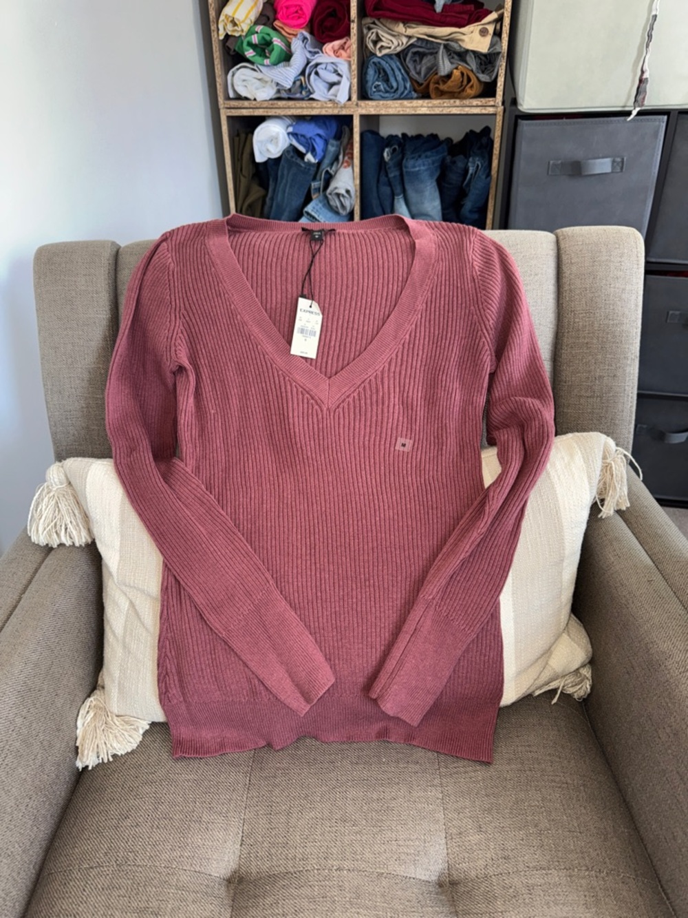 Express Ribbed V-Neck Sweater in Dusty Rose